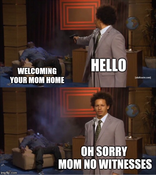Who Killed Hannibal Meme | HELLO; WELCOMING YOUR MOM HOME; OH SORRY MOM NO WITNESSES | image tagged in memes,who killed hannibal | made w/ Imgflip meme maker