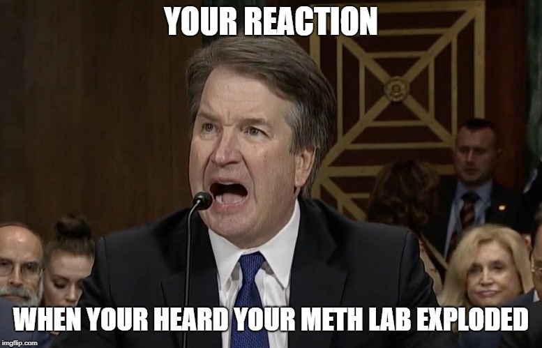 IM NOT MAD KAVANAUGH | YOUR REACTION; WHEN YOUR HEARD YOUR METH LAB EXPLODED | image tagged in im not mad kavanaugh | made w/ Imgflip meme maker
