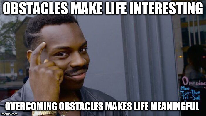 Roll Safe Think About It Meme | OBSTACLES MAKE LIFE INTERESTING; OVERCOMING OBSTACLES MAKES LIFE MEANINGFUL | image tagged in memes,roll safe think about it | made w/ Imgflip meme maker