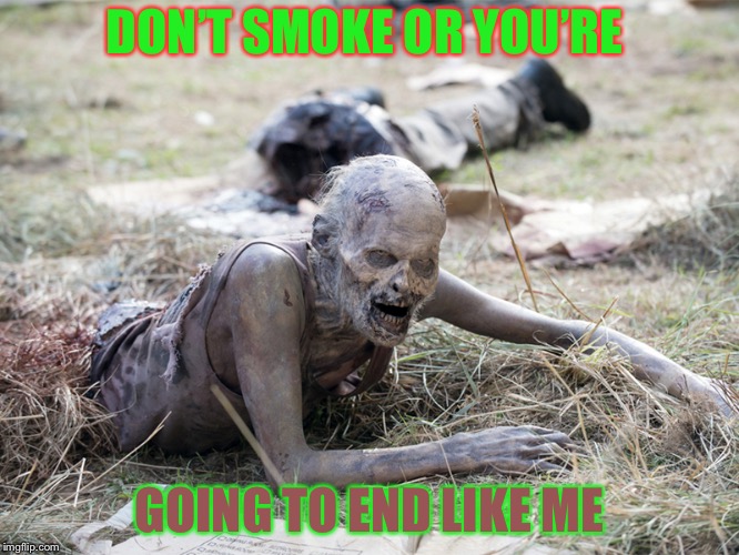 The Walking Dead Crawling Zombie | DON’T SMOKE OR YOU’RE; GOING TO END LIKE ME | image tagged in the walking dead crawling zombie | made w/ Imgflip meme maker