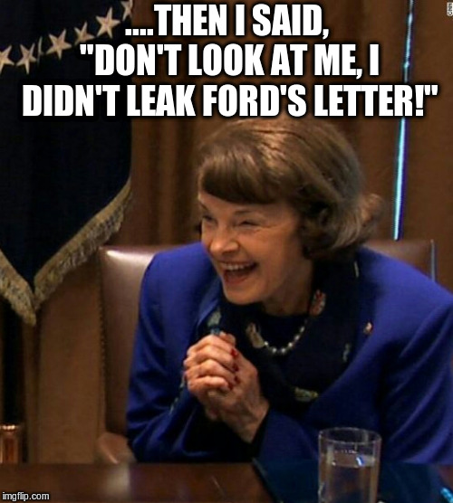 Dianne Feinstein Shlomo hand rubbing | ....THEN I SAID, "DON'T LOOK AT ME, I DIDN'T LEAK FORD'S LETTER!" | image tagged in dianne feinstein shlomo hand rubbing | made w/ Imgflip meme maker