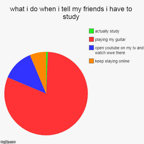 what i do when i tell my friends i have to study | keep staying online, open youtube on my tv and watch wwe there, playing my guitar, actual | image tagged in funny,pie charts | made w/ Imgflip chart maker