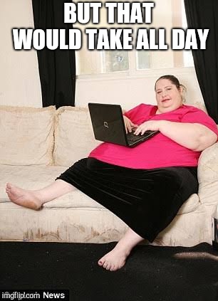 Fat woman on computer | BUT THAT WOULD TAKE ALL DAY | image tagged in fat woman on computer | made w/ Imgflip meme maker