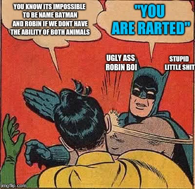 rarted | YOU KNOW ITS IMPOSSIBLE TO BE NAME BATMAN AND ROBIN IF WE DONT HAVE THE ABILITY OF BOTH ANIMALS; "YOU ARE RARTED"; UGLY ASS ROBIN BOI; STUPID LITTLE SHIT | image tagged in memes,rip rarted,rip robin ugly face,rarted robin,retard robin | made w/ Imgflip meme maker