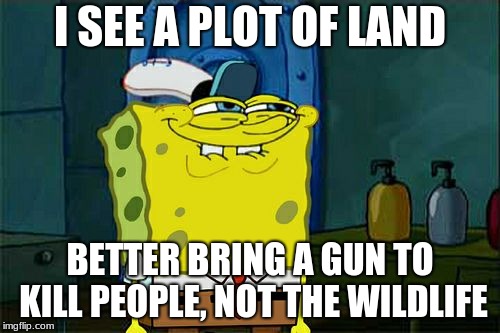 Don't You Squidward | I SEE A PLOT OF LAND; BETTER BRING A GUN TO KILL PEOPLE, NOT THE WILDLIFE | image tagged in memes,dont you squidward | made w/ Imgflip meme maker