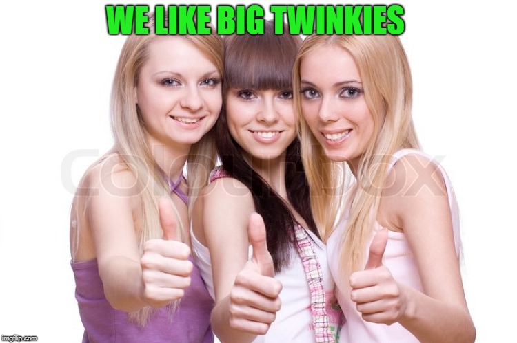 girls thumbs up | WE LIKE BIG TWINKIES | image tagged in girls thumbs up | made w/ Imgflip meme maker