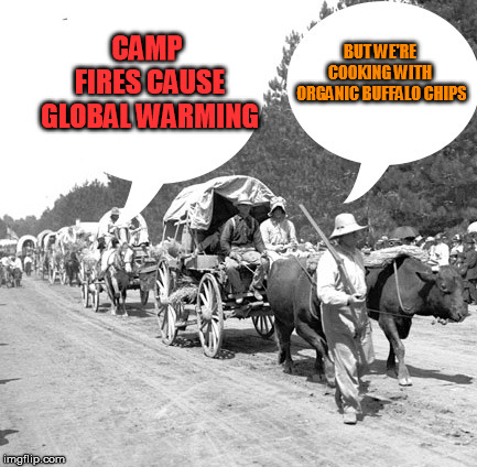 Snowflake wagon train | CAMP FIRES CAUSE GLOBAL WARMING; BUT WE'RE COOKING WITH  ORGANIC BUFFALO CHIPS | image tagged in snowflake wagon train | made w/ Imgflip meme maker
