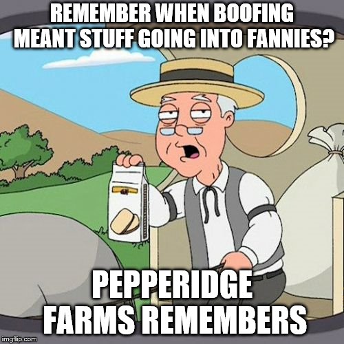Pepperidge Farm Remembers Meme | REMEMBER WHEN BOOFING MEANT STUFF GOING INTO FANNIES? PEPPERIDGE FARMS REMEMBERS | image tagged in memes,pepperidge farm remembers | made w/ Imgflip meme maker
