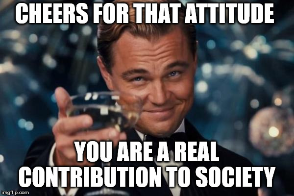 Leonardo Dicaprio Cheers Meme | CHEERS FOR THAT ATTITUDE YOU ARE A REAL CONTRIBUTION TO SOCIETY | image tagged in memes,leonardo dicaprio cheers | made w/ Imgflip meme maker