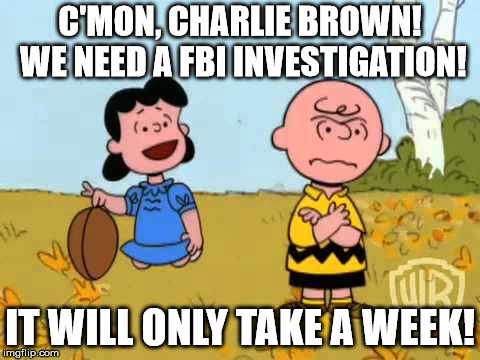 charlie brown and lucy | C'MON, CHARLIE BROWN! WE NEED A FBI INVESTIGATION! IT WILL ONLY TAKE A WEEK! | image tagged in charlie brown and lucy | made w/ Imgflip meme maker