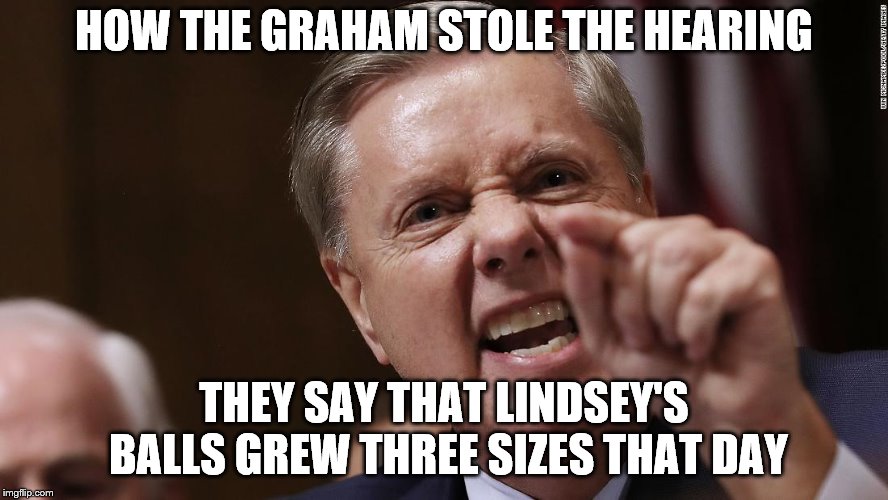 HOW THE GRAHAM STOLE THE HEARING; THEY SAY THAT LINDSEY'S BALLS GREW THREE SIZES THAT DAY | image tagged in lindsey graham,gop,rino,spartacus,kavanaugh | made w/ Imgflip meme maker