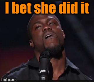 Kevin Hart Suspicious look | I bet she did it | image tagged in kevin hart suspicious look | made w/ Imgflip meme maker