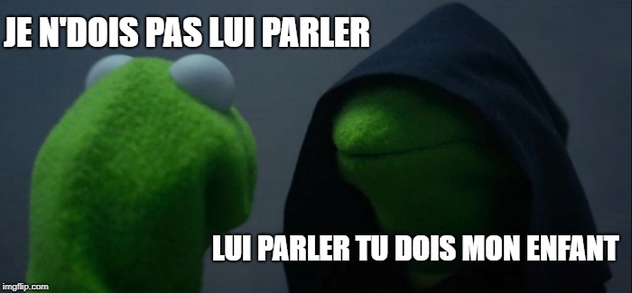 Evil Kermit | JE N'DOIS PAS LUI PARLER; LUI PARLER TU DOIS MON ENFANT | image tagged in memes,evil kermit | made w/ Imgflip meme maker