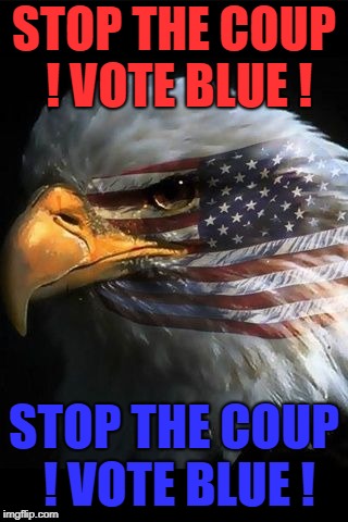 STOP THE COUP !   VOTE BLUE ! | STOP THE COUP ! VOTE BLUE ! STOP THE COUP ! VOTE BLUE ! | image tagged in trump,putin | made w/ Imgflip meme maker