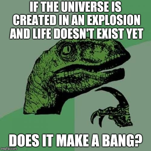Philosoraptor Meme | IF THE UNIVERSE IS CREATED IN AN EXPLOSION AND LIFE DOESN'T EXIST YET; DOES IT MAKE A BANG? | image tagged in memes,philosoraptor | made w/ Imgflip meme maker