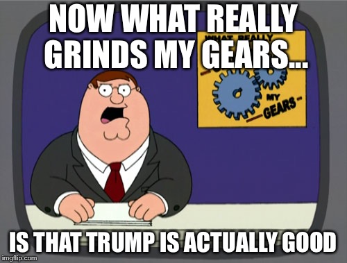 Peter Griffin News | NOW WHAT REALLY GRINDS MY GEARS... IS THAT TRUMP IS ACTUALLY GOOD | image tagged in memes,peter griffin news | made w/ Imgflip meme maker