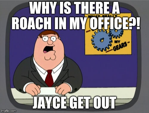 Peter Griffin News Meme | WHY IS THERE A ROACH IN MY OFFICE?! JAYCE GET OUT | image tagged in memes,peter griffin news | made w/ Imgflip meme maker