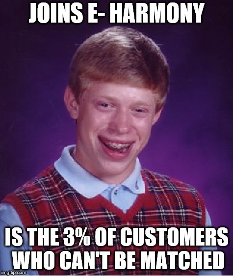 Bad Luck Brian Meme | JOINS E- HARMONY; IS THE 3% OF CUSTOMERS WHO CAN'T BE MATCHED | image tagged in memes,bad luck brian | made w/ Imgflip meme maker