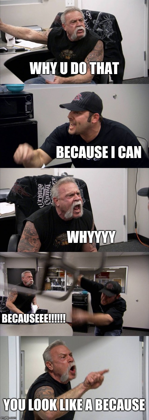 American Chopper Argument | WHY U DO THAT; BECAUSE I CAN; WHYYYY; BECAUSEEE!!!!!! YOU LOOK LIKE A BECAUSE | image tagged in memes,american chopper argument | made w/ Imgflip meme maker