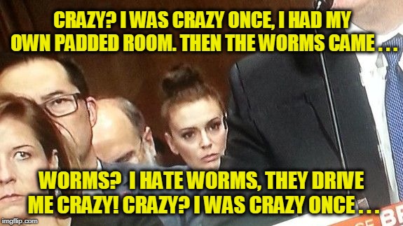 Slightly Not All There | CRAZY? I WAS CRAZY ONCE, I HAD MY OWN PADDED ROOM.
THEN THE WORMS CAME . . . WORMS?  I HATE WORMS, THEY DRIVE ME CRAZY! CRAZY? I WAS CRAZY ONCE . . . | image tagged in alyssa milano | made w/ Imgflip meme maker