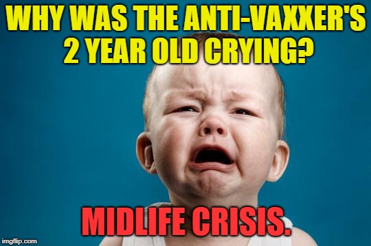 Another Jab at anti-vaxxers | WHY WAS THE ANTI-VAXXER'S 2 YEAR OLD CRYING? MIDLIFE CRISIS. | image tagged in baby crying,antivaxxers,vaccination | made w/ Imgflip meme maker