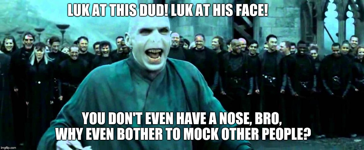 luk at this dud! | LUK AT THIS DUD! LUK AT HIS FACE! YOU DON'T EVEN HAVE A NOSE, BRO, WHY EVEN BOTHER TO MOCK OTHER PEOPLE? | image tagged in lord voldemort,roasted,look at this dude | made w/ Imgflip meme maker