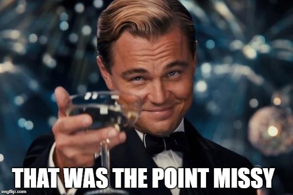 Leonardo Dicaprio Cheers Meme | THAT WAS THE POINT MISSY | image tagged in memes,leonardo dicaprio cheers | made w/ Imgflip meme maker