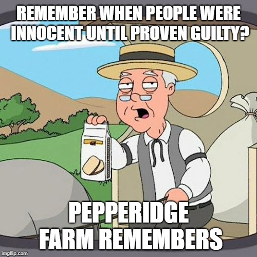 Pepperidge Farm Remembers |  REMEMBER WHEN PEOPLE WERE INNOCENT UNTIL PROVEN GUILTY? PEPPERIDGE FARM REMEMBERS | image tagged in memes,pepperidge farm remembers,innocent | made w/ Imgflip meme maker