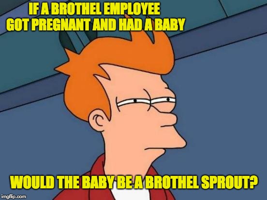 Futurama Fry | IF A BROTHEL EMPLOYEE GOT PREGNANT AND HAD A BABY; WOULD THE BABY BE A BROTHEL SPROUT? | image tagged in memes,futurama fry | made w/ Imgflip meme maker