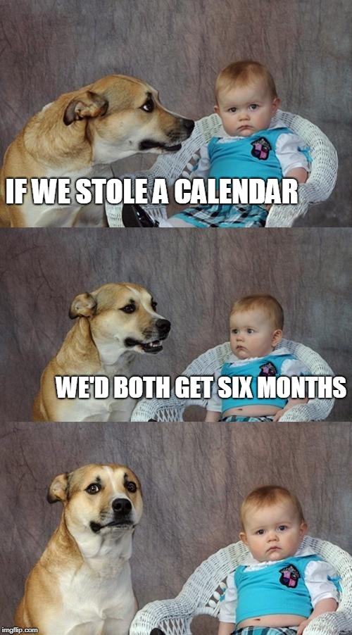 Dad Joke Dog Meme | IF WE STOLE A CALENDAR; WE'D BOTH GET SIX MONTHS | image tagged in memes,dad joke dog | made w/ Imgflip meme maker