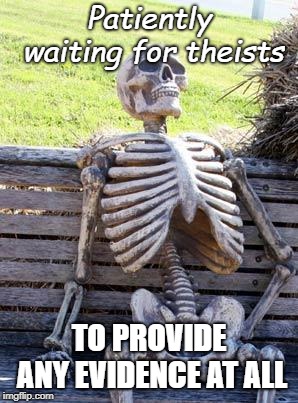 Waiting Skeleton | Patiently waiting for theists; TO PROVIDE ANY EVIDENCE AT ALL | image tagged in memes,waiting skeleton | made w/ Imgflip meme maker