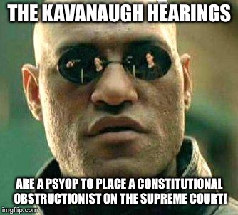 What if i told you | THE KAVANAUGH HEARINGS; ARE A PSYOP TO PLACE A CONSTITUTIONAL OBSTRUCTIONIST ON THE SUPREME COURT! | image tagged in what if i told you | made w/ Imgflip meme maker