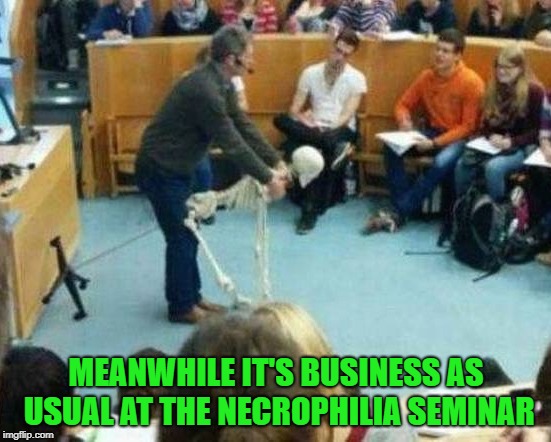 Dirty Meme Week, Sep. 24 - Sep. 30, a socrates event | MEANWHILE IT'S BUSINESS AS USUAL AT THE NECROPHILIA SEMINAR | image tagged in skeleton,memes,necrophilia,funny,dirty meme week | made w/ Imgflip meme maker