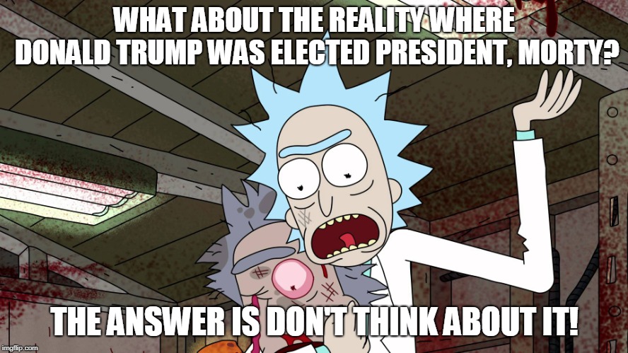 WHAT ABOUT THE REALITY WHERE DONALD TRUMP WAS ELECTED PRESIDENT, MORTY? THE ANSWER IS DON'T THINK ABOUT IT! | image tagged in rick and morty,trump,hitler,cancer | made w/ Imgflip meme maker