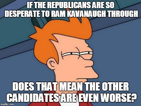 Futurama Fry Meme | IF THE REPUBLICANS ARE SO DESPERATE TO RAM KAVANAUGH THROUGH; DOES THAT MEAN THE OTHER CANDIDATES ARE EVEN WORSE? | image tagged in memes,futurama fry,kavanaugh,supreme court,politics,trump | made w/ Imgflip meme maker