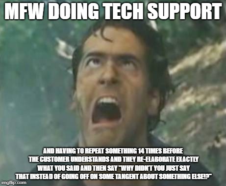 MFWbern | MFW DOING TECH SUPPORT; AND HAVING TO REPEAT SOMETHING 14 TIMES BEFORE THE CUSTOMER UNDERSTANDS AND THEY RE-ELABORATE EXACTLY WHAT YOU SAID AND THEN SAY "WHY DIDN'T YOU JUST SAY THAT INSTEAD OF GOING OFF ON SOME TANGENT ABOUT SOMETHING ELSE!?" | image tagged in mfwbern | made w/ Imgflip meme maker