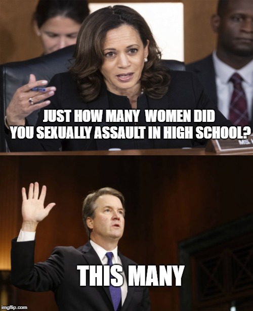 Stop Him | JUST HOW MANY 
WOMEN DID YOU SEXUALLY ASSAULT IN HIGH SCHOOL? THIS MANY | image tagged in donald trump,brett kavanaugh | made w/ Imgflip meme maker