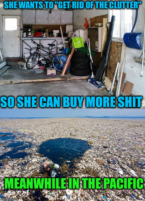 No, Mom, you're not a hoarder | SHE WANTS TO "GET RID OF THE CLUTTER"; SO SHE CAN BUY MORE SHIT; MEANWHILE IN THE PACIFIC | image tagged in pacific hoarderism | made w/ Imgflip meme maker