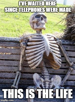 Waiting Skeleton Meme | I'VE WAITED HERE SINCE TELEPHONES WERE MADE; THIS IS THE LIFE | image tagged in memes,waiting skeleton | made w/ Imgflip meme maker