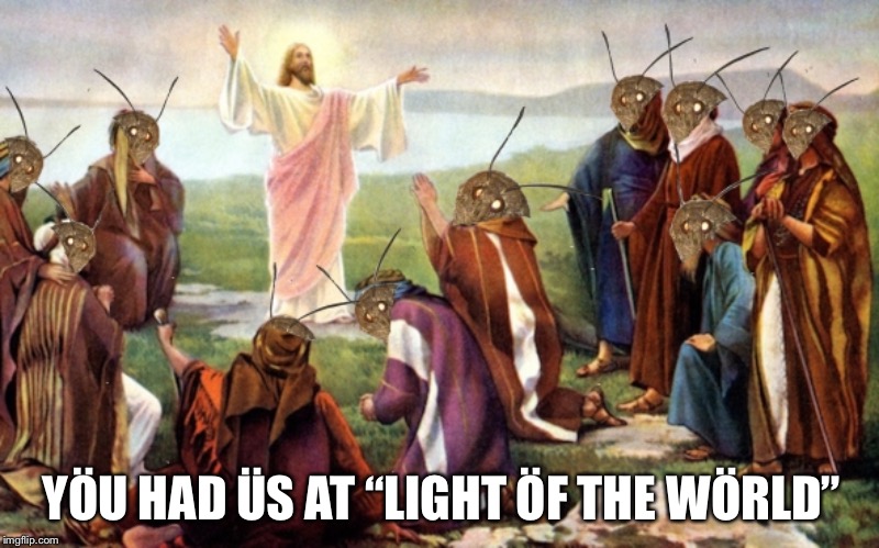 And he shall light the way, and we will follow... | YÖU HAD ÜS AT “LIGHT ÖF THE WÖRLD” | image tagged in moth,jesus,light | made w/ Imgflip meme maker
