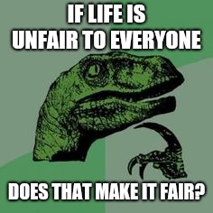 This just got too deep | IF LIFE IS UNFAIR TO EVERYONE; DOES THAT MAKE IT FAIR? | image tagged in time raptor | made w/ Imgflip meme maker