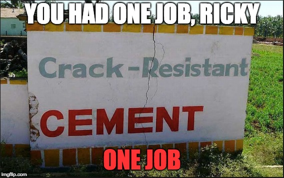 The irony, dear, is the best part | YOU HAD ONE JOB, RICKY; ONE JOB | image tagged in wall,ironic | made w/ Imgflip meme maker