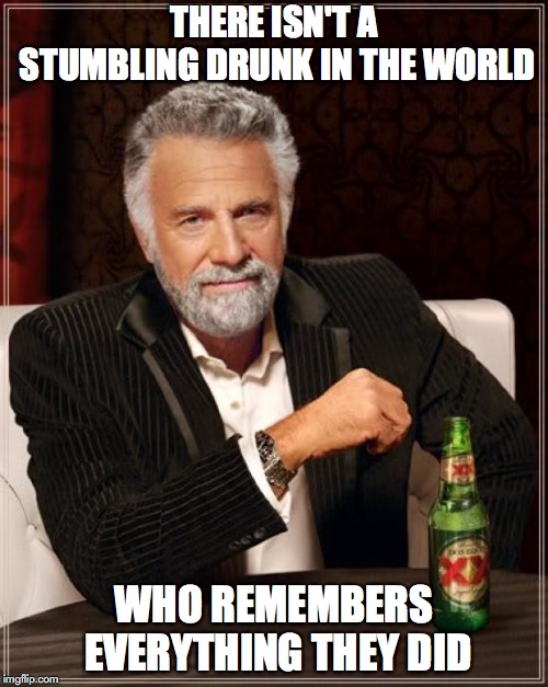 The Most Interesting Man In The World | THERE ISN'T A STUMBLING DRUNK IN THE WORLD; WHO REMEMBERS EVERYTHING THEY DID | image tagged in memes,the most interesting man in the world | made w/ Imgflip meme maker