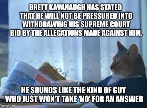 Brett Kavanaugh Walks into a bar... | BRETT KAVANAUGH HAS STATED THAT HE WILL NOT BE PRESSURED INTO WITHDRAWING HIS SUPREME COURT BID BY THE ALLEGATIONS MADE AGAINST HIM. HE SOUNDS LIKE THE KIND OF GUY WHO JUST WON'T TAKE 'NO' FOR AN ANSWER | image tagged in memes,i should buy a boat cat,brett kavanaugh | made w/ Imgflip meme maker