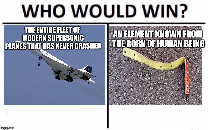 Who Would Win? Meme | THE ENTIRE FLEET OF MODERN SUPERSONIC PLANES THAT HAS NEVER CRASHED; AN ELEMENT KNOWN FROM THE BORN OF HUMAN BEING | image tagged in memes,who would win,aviation | made w/ Imgflip meme maker