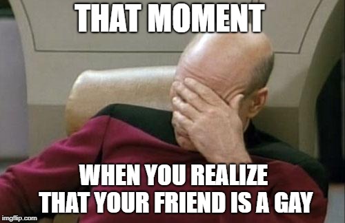 Captain Picard Facepalm Meme | THAT MOMENT; WHEN YOU REALIZE THAT YOUR FRIEND IS A GAY | image tagged in memes,captain picard facepalm | made w/ Imgflip meme maker