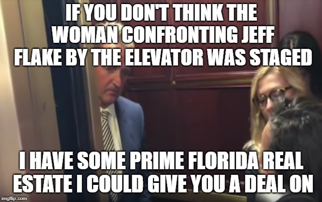 Jeff flake staged confrontation | IF YOU DON'T THINK THE WOMAN CONFRONTING JEFF FLAKE BY THE ELEVATOR WAS STAGED; I HAVE SOME PRIME FLORIDA REAL ESTATE I COULD GIVE YOU A DEAL ON | image tagged in flake,stages,confrontation,elevator | made w/ Imgflip meme maker