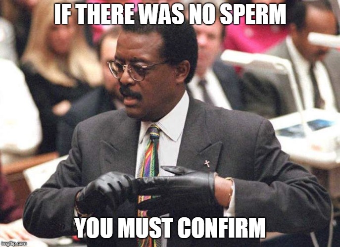 Johnnie Cochran | IF THERE WAS NO SPERM; YOU MUST CONFIRM | image tagged in johnnie cochran | made w/ Imgflip meme maker