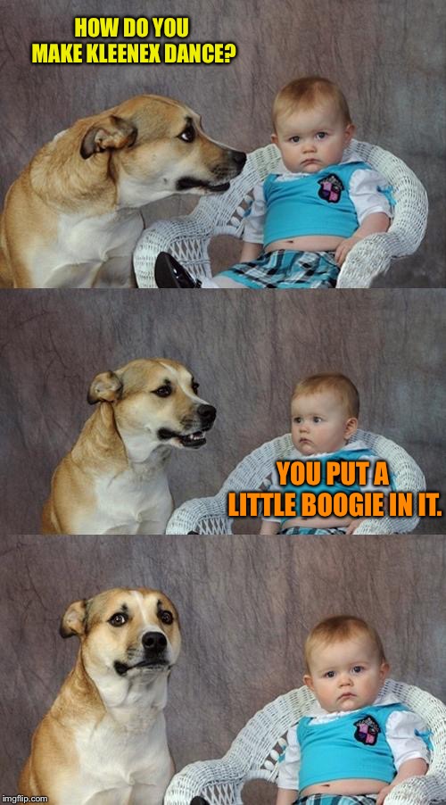 Dad Joke Dog | HOW DO YOU MAKE KLEENEX DANCE? YOU PUT A LITTLE BOOGIE IN IT. | image tagged in memes,dad joke dog | made w/ Imgflip meme maker