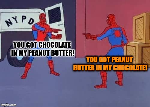 Spiderman Reese's Commercial  |  YOU GOT CHOCOLATE IN MY PEANUT BUTTER! YOU GOT PEANUT BUTTER IN MY CHOCOLATE! | image tagged in spiderman mirror,funny memes,candy,chocolate,peanut butter,reese's | made w/ Imgflip meme maker